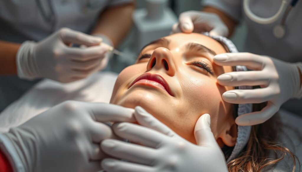 A close-up view of a person undergoing a facial rejuvenation procedure at the Eleven Clinic. The scene depicts the various steps of the process, with the subject lying comfortably on a treatment table, surrounded by medical equipment and attentive healthcare professionals. The lighting is soft and diffused, creating a soothing and relaxing atmosphere. The image showcases the advanced technology and expertise of the Eleven Clinic, capturing the precision and care taken in delivering a comprehensive facial rejuvenation treatment. The subject's expression conveys a sense of trust and comfort as the procedure progresses, highlighting the clinic's commitment to providing a positive and transformative experience.