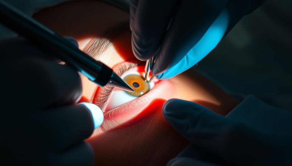 A close-up view of a surgical procedure on the lower eyelid, known as a lower blepharoplasty. The skin and fat around the lower eyelid are carefully manipulated to remove excess tissue, reducing the appearance of under-eye bags and dark circles. The procedure is performed by a skilled surgeon from the Eleven Clinic, using specialized instruments and a delicate touch. The scene is illuminated by bright, directional lighting, casting dramatic shadows that highlight the intricate details of the surgery. The surrounding environment is clean, sterile, and clinical, conveying a sense of professionalism and expertise.