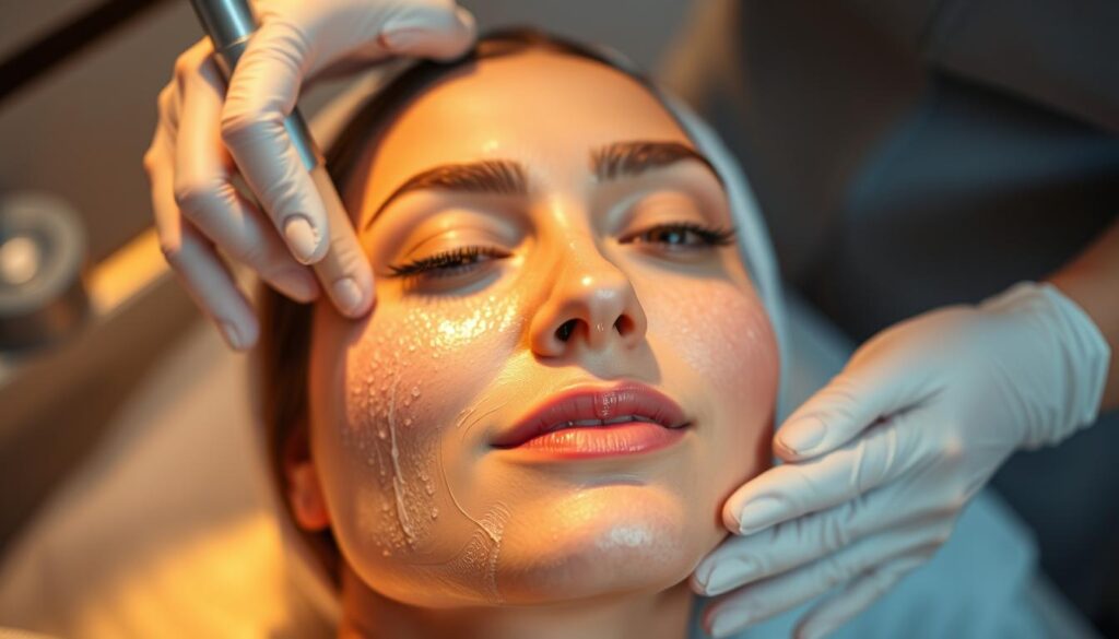 A close-up view of a woman's face during a facial treatment procedure at the Eleven Clinic. The skin is being gently exfoliated, with a soft brush and a nourishing serum infused with hyaluronic acid. Warm, diffused lighting creates a relaxing, spa-like atmosphere. The technician's hands are delicately working on the client's cheeks, forehead, and chin, enhancing the skin's natural radiance. The treatment room is clean, modern, and minimalist, allowing the focus to remain on the rejuvenating experience. The client's expression conveys a sense of calm and tranquility as the hyaluronic acid penetrates deeply, hydrating and plumping the skin.