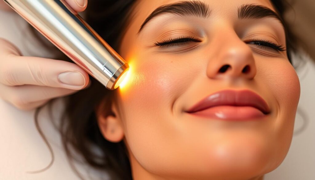 A close-up view of a woman's face, her skin radiant and glowing, as she undergoes a non-invasive facial treatment at Eleven Clinic. The lighting is soft and diffused, creating a warm, relaxing atmosphere. The treatment device is gently gliding across her cheek, emitting a subtle glow. In the background, a blurred, serene setting suggests a tranquil, spa-like environment. The woman's expression conveys a sense of calmness and rejuvenation, reflecting the restorative nature of the procedure.
