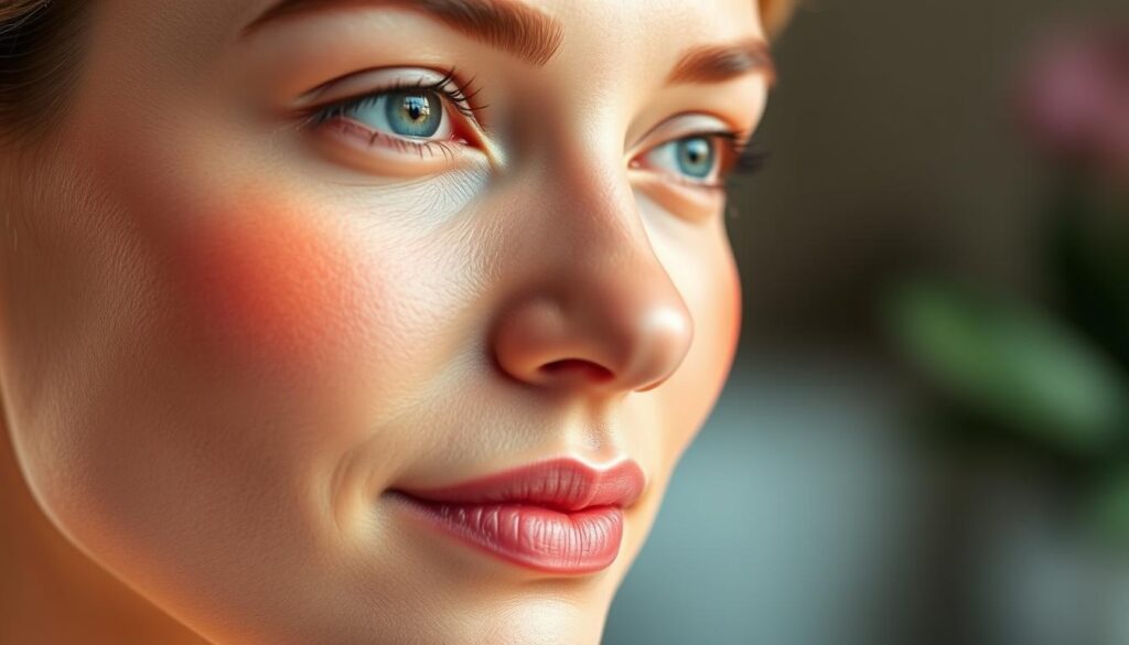 A close-up view of a youthful, glowing facial skin with highlighted areas denoting the key "facial zones" targeted for rejuvenation treatments. The skin has a smooth, even tone with a natural sheen, illuminated by soft, directional lighting that accentuates the contours. In the foreground, the forehead, cheeks, and chin are prominently featured, while the background is blurred, keeping the focus on the facial features. The overall mood is serene and inviting, showcasing the rejuvenating potential of the "Eleven Clinic" facial filler treatments.