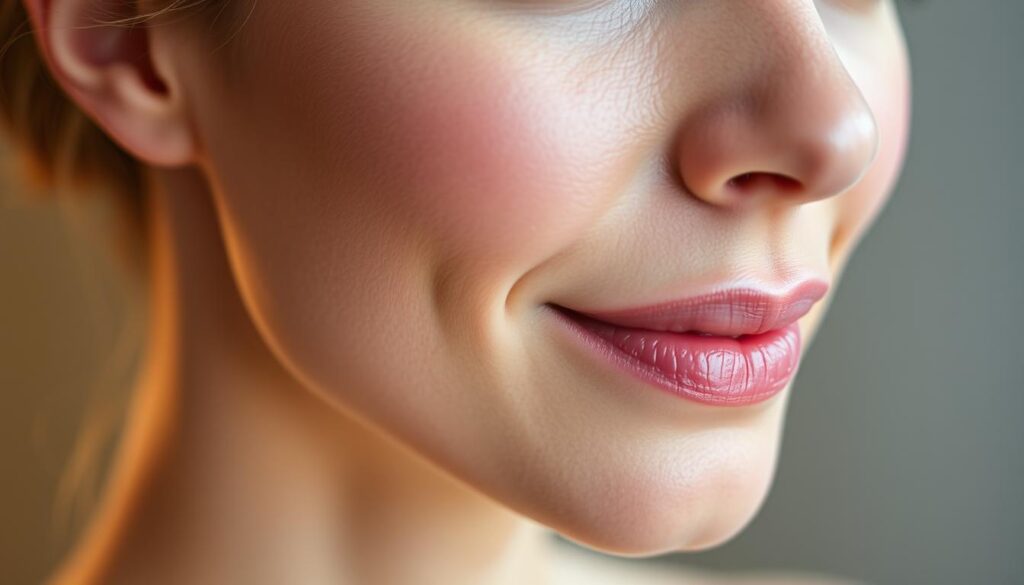 A close-up view of a youthful, glowing female face showcasing advanced non-surgical lifting technologies at the Eleven Clinic. The skin appears tightened and rejuvenated, with a subtle but visible lift in the cheekbones and jawline. Soft, diffused lighting accentuates the natural contours, creating an aura of radiance. The background is blurred, placing the focus entirely on the transformative facial features. The overall mood is one of natural, effortless beauty enhanced by state-of-the-art, non-invasive skin treatments.