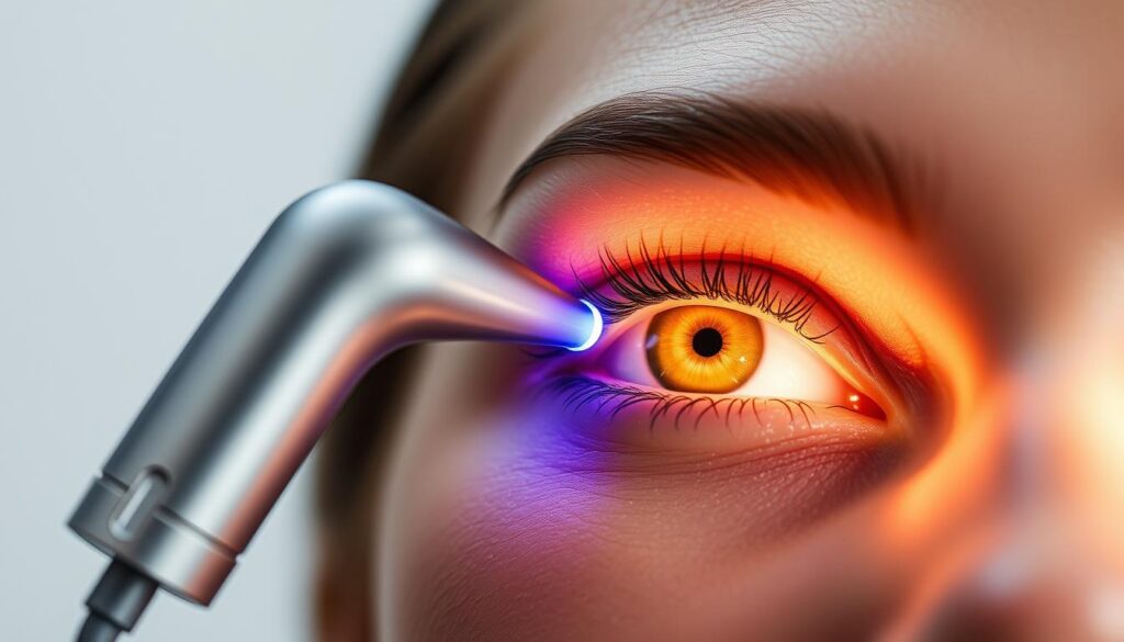 A close-up view of the Eleven Clinic's innovative Plasmage device, a revolutionary non-surgical blepharoplasty treatment. The plasma-based applicator hovers over a model's eyelid, emitting a controlled electrical discharge that gently tightens and rejuvenates the delicate skin. The device's sleek, futuristic design is illuminated by soft, directional lighting, creating an atmosphere of precision and innovation. The background is a clean, minimalist studio setting, allowing the Plasmage device to take center stage and showcase its cutting-edge technology for a rejuvenated eye contour without the need for scalpels.