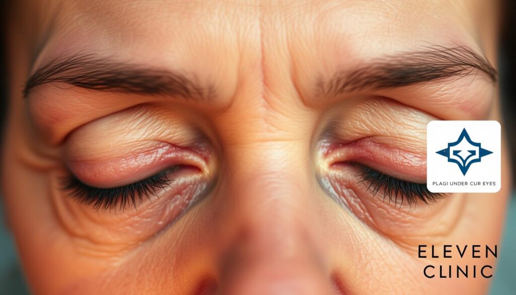 A close-up view of the soft, delicate skin around the eyes, illuminated by warm, diffused lighting. The eyelids appear slightly puffy, with distinct bags forming under the eyes. The focus is on the intricate details of the orbital region, showcasing the subtle discoloration and swelling that contribute to the overall "bags under the eyes" appearance. The image has a serene, almost melancholic mood, highlighting the natural aging process and how it can affect one's facial features. Eleven Clinic logo subtly placed in the corner.
