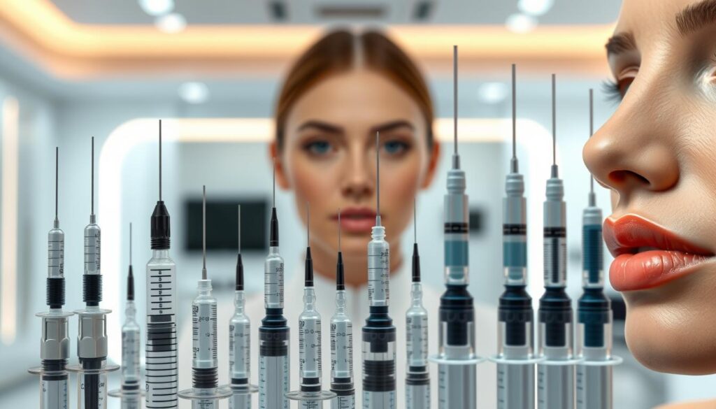 A closeup, highly detailed, photorealistic image of various types of facial fillers and injectables offered at the Eleven Clinic in Mallorca. In the foreground, a selection of dermal fillers in syringes, highlighting their different textures and consistencies. In the middle ground, various facial injection points are illustrated, such as the cheeks, nasolabial folds, and lips. The background showcases the Eleven Clinic's state-of-the-art medical facility, with a sterile, modern aesthetic. Soft, warm lighting casts a professional, clinical ambiance. The overall composition conveys the expertise, care, and high-quality treatments available at the Eleven Clinic for achieving natural-looking, rejuvenated facial features.