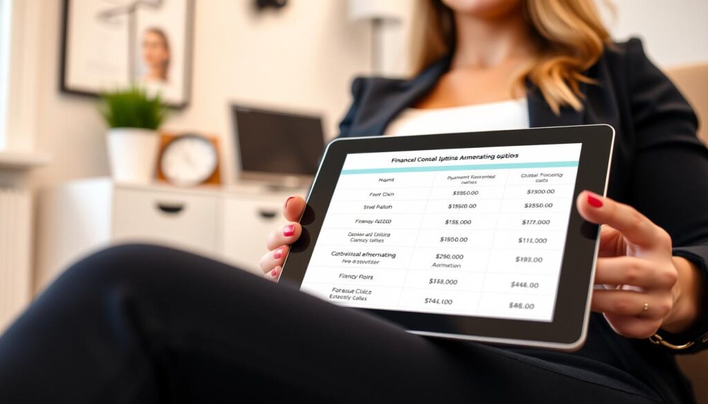 A closeup photograph of an Eleven Clinic consultation on options for gluteal augmentation financing. The frame captures a woman's lap, with a tablet displaying various payment plans and financing details. The background is blurred, but hints at a professional medical office setting with clean, modern decor. The image has a soft, warm lighting that creates an atmosphere of trust and expertise. The composition emphasizes the financial information, conveying a sense of informed decision-making and personalized guidance for the patient's cosmetic goals.