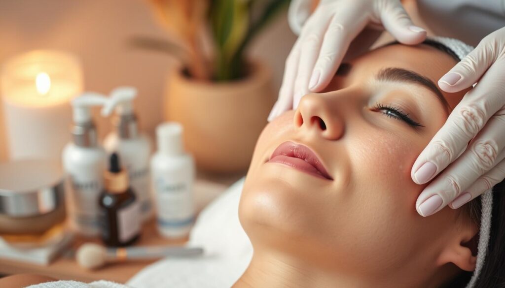 A closeup view of a serene and tranquil facial treatment process at the Eleven Clinic. In the foreground, a relaxed model's face is being gently exfoliated and massaged by the skilled hands of an aesthetician, creating a glowing, rejuvenated complexion. The middle ground features the various natural skincare products and tools used in the rejuvenating facial, all arranged artfully. The background is softly blurred, evoking a sense of calm and retreat. Warm, diffused lighting bathes the scene, highlighting the delicate textures and radiant skin. The overall atmosphere conveys a soothing and restorative experience, perfect for the "El Proceso de tu Lifting sin Cirugía" section.