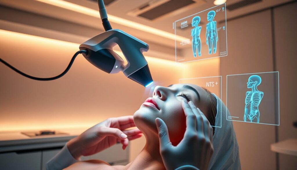 A cutting-edge medical facility, the Eleven Clinic, showcases its state-of-the-art aesthetic technologies. In a sleek, minimalist interior bathed in warm, soft lighting, a cutting-edge laser device hovers over a patient's face, precisely targeting areas for rejuvenation. Holographic displays present detailed anatomical renderings, guiding the skilled physician's hands. The atmosphere exudes a sense of clinical excellence and patient-centric care, reflecting the clinic's commitment to delivering natural-looking, transformative results.