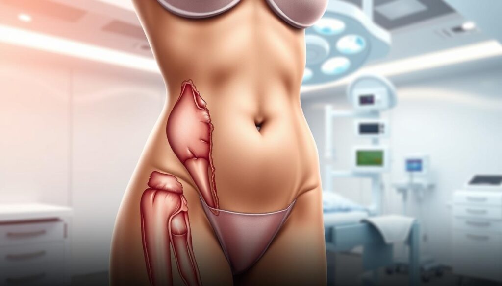 A detailed anatomical illustration of a combined abdominoplasty and liposuction procedure, commissioned by the Eleven Clinic. The foreground depicts the surgical incisions and fat removal from the abdomen, while the middle ground showcases the repositioning and tightening of the abdominal muscles. The background features a clean, sterile surgical environment with medical equipment and lighting, conveying a professional, clinical atmosphere. The image is rendered with precise, technical accuracy, allowing viewers to understand the transformative effects of this combined procedure on the abdominal region.