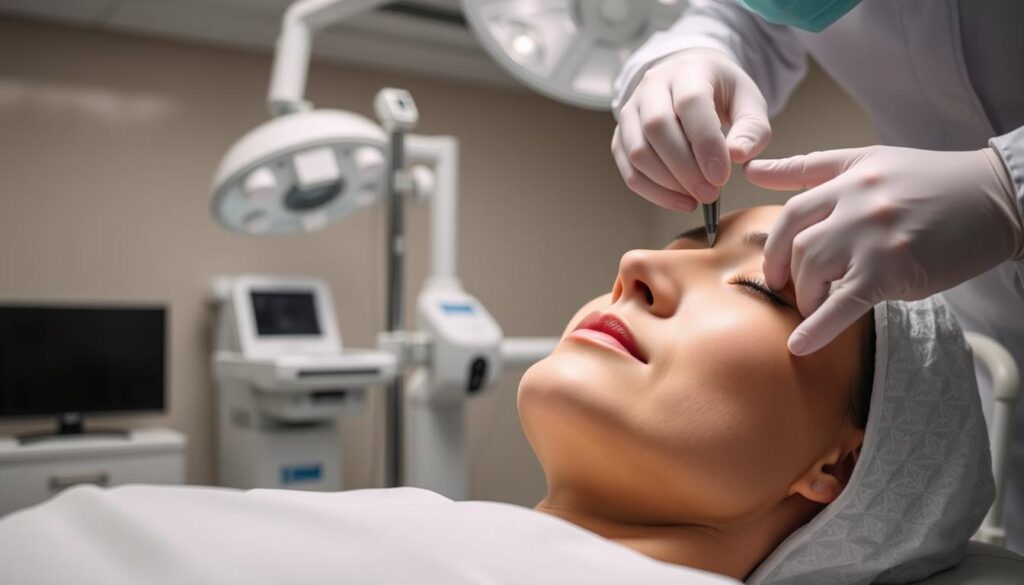 A detailed close-up of a Proceso Lifting Facial procedure at the Eleven Clinic. The scene shows a serene, professional medical setting with soft lighting and a crisp, sterile atmosphere. In the foreground, the skilled hands of a renowned plastic surgeon carefully apply advanced techniques, meticulously sculpting the patient's facial contours. The middle ground features state-of-the-art medical equipment and tools, reflecting the clinic's commitment to precision and innovation. The background subtly hints at the tranquil ambiance, with muted colors and a sense of clinical excellence. The overall impression conveys the transformative power of the Eleven Clinic's Proceso Lifting Facial, a testament to their expertise in delivering exceptional aesthetic results.
