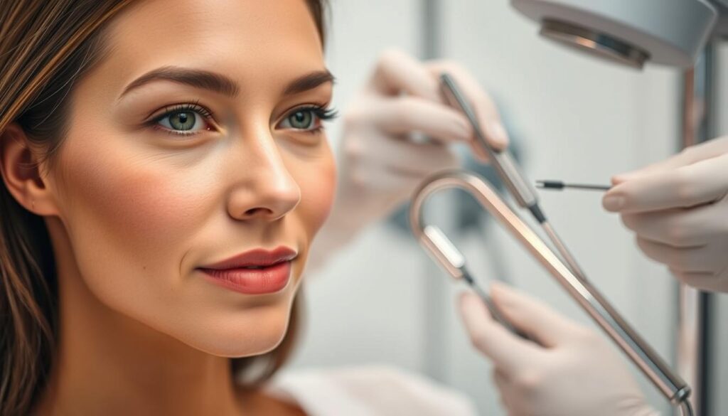 A detailed close-up shot of various facial lifting techniques performed at the Eleven Clinic in Mallorca. The foreground features a woman's serene, youthful face with subtly tightened skin, highlighting the natural results of an expertly executed procedure. The middle ground showcases the precise surgical instruments and equipment used in the lifting process, conveyed through a clean, clinical aesthetic. The background subtly blurs into a serene, calming environment, suggesting the tranquil and professional setting of the clinic. Soft, diffused lighting accentuates the natural glow and smoothness of the skin. The overall mood is one of elegant refinement, medical expertise, and transformative yet natural-looking results.