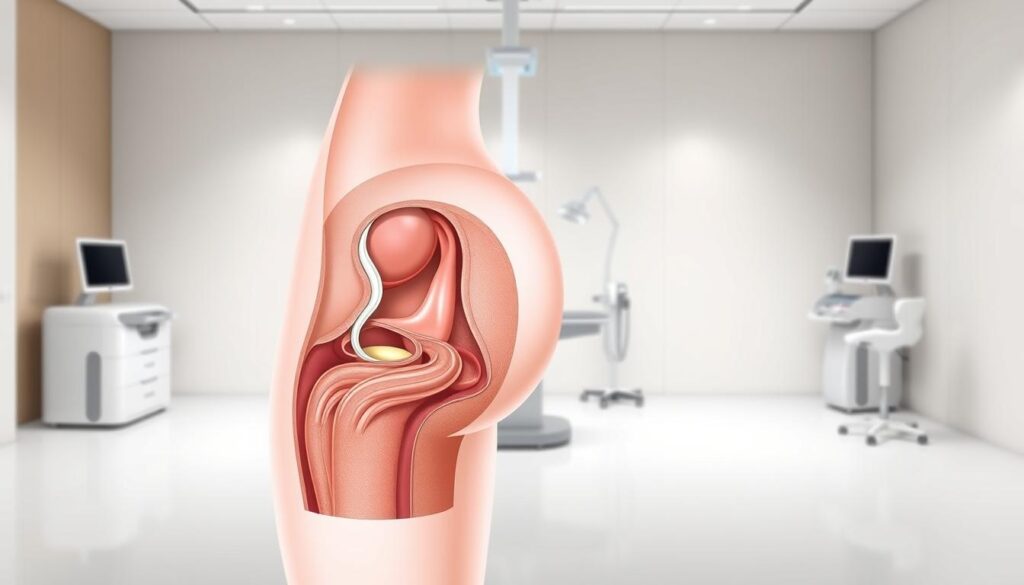 A detailed cross-section illustration depicting the Brazilian Butt Lift (BBL) procedure performed at the Eleven Clinic. In the foreground, a detailed anatomical diagram showcases the precise surgical techniques used to harvest fat from the patient's abdomen and transfer it to the buttocks, creating a fuller, more lifted appearance. The middle ground features a minimalist medical setting with state-of-the-art surgical equipment. The background is a serene, softly-lit environment, conveying a sense of professionalism and care. The image should be rendered in a clean, technical style that effectively communicates the specifics of the BBL procedure offered at the Eleven Clinic.