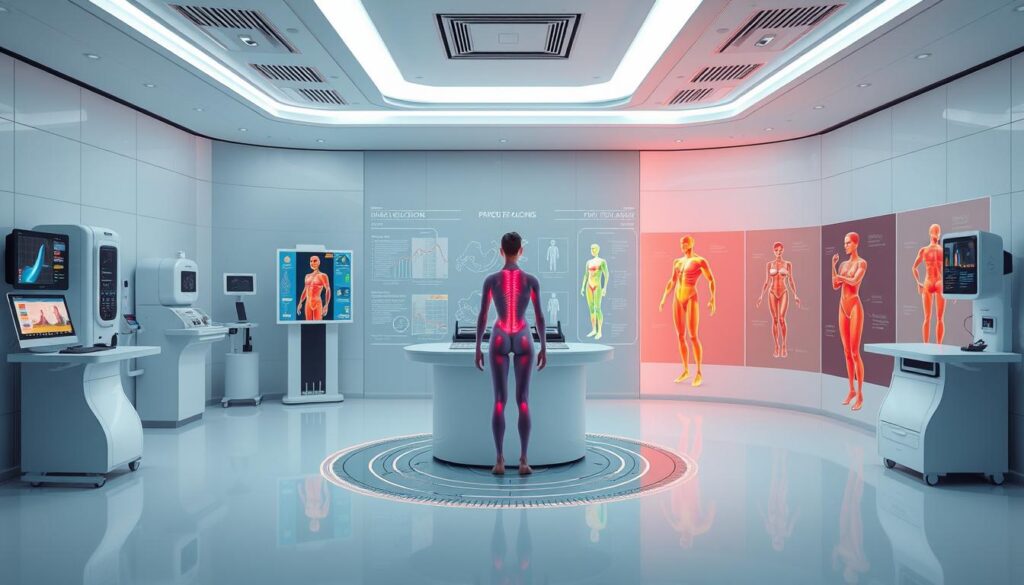 A detailed, high-quality rendering of the "proceso remodelación corporal" process, showcasing the Eleven Clinic's state-of-the-art body transformation techniques. The image should depict a sleek, modern medical facility with advanced equipment and technologies, including a central workstation surrounded by 3D body scanners, infrared cameras, and other diagnostic tools. The foreground should feature a person undergoing a comprehensive body analysis, with various data visualizations and metrics displayed around them. The middle ground should showcase the different steps of the remodelación process, such as non-invasive fat reduction, muscle toning, and skin tightening procedures. The background should convey a sense of tranquility and professionalism, with clean lines, neutral colors, and sophisticated lighting. The overall tone should be one of innovation, precision, and personalized care, reflecting the Eleven Clinic's commitment to transforming bodies and lives.