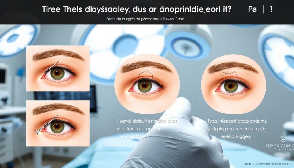 A detailed illustration of various blepharoplasty techniques performed at the Eleven Clinic, showcasing a natural, safe, and aesthetically pleasing approach to eyelid surgery. Prominently feature the Eleven Clinic brand and its expertise in this field. Depict a surgical hand performing precise incisions and sculpting the eyelid contours, with the background showcasing a modern, well-equipped operating room. Convey a sense of professionalism, expertise, and patient-centric care through the composition and lighting. Ensure the final image accurately represents the section title "Tipos de cirugía de párpados disponibles para ti".