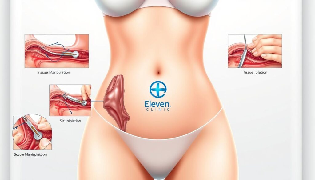 A detailed medical illustration of the abdominoplasty procedure, showcased in a clean, clinical environment. The foreground depicts the various surgical steps, including incision, tissue manipulation, and suturing, rendered with anatomical accuracy. The middle ground features the Eleven Clinic logo, conveying the procedure's professional setting. The background is a bright, sterile white, highlighting the procedure's hygienic nature. Lighting is soft and diffused, creating a serene, informative atmosphere. The overall composition emphasizes the technical aspects of the abdominoplasty process, providing a comprehensive visual guide for the article's audience.