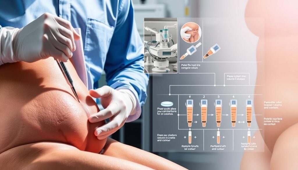 A detailed procedural illustration of the Eleven Clinic's liposuction and fat transfer technique. In the foreground, a medical professional carefully extracts fat from a patient's abdomen using a specialized cannula. The middle ground showcases the purification and preparation of the harvested fat, with technical equipment and a clean, sterile environment. In the background, an intricate diagram depicts the step-by-step process of injecting the refined fat into targeted areas, restoring volume and contour. Bright, natural lighting illuminates the scene, conveying a sense of precision, professionalism, and the clinic's expertise in lipoesculptura con transferencia de grasa.
