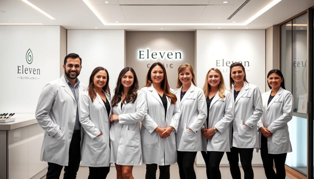 A group of experienced medical aesthetic specialists from the Eleven Clinic, dressed in pristine white coats, standing confidently in a modern and well-lit clinic setting. The foreground features the team members, each with a warm, welcoming expression, positioned to convey a sense of care and professionalism. The middle ground showcases the sleek, minimalist clinic interior, with subtle branding elements that reinforce the Eleven Clinic's reputation. The background is softly blurred, creating a focus on the specialists and their role in providing personalized, high-quality facial aesthetic treatments.