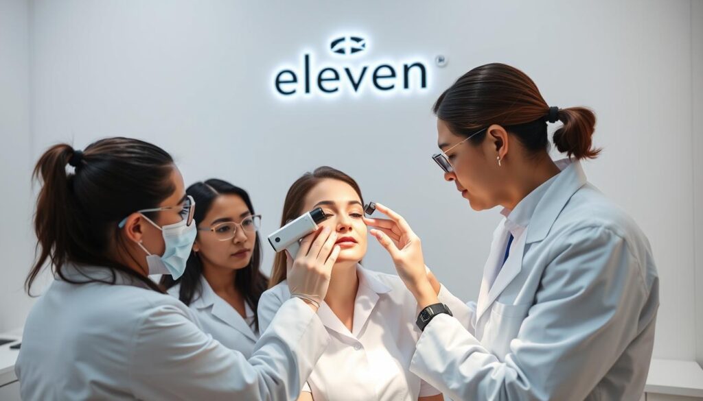 A group of professional facial rejuvenation specialists in a modern, well-equipped clinic. The Eleven Clinic logo prominently displayed on the wall. The specialists, dressed in pristine white lab coats, are examining a patient's face with a keen, focused expression, utilizing advanced diagnostic tools. The lighting is soft and flattering, creating a sense of comfort and trust. The background features minimalist, clean-lined decor, emphasizing the clinic's expertise and state-of-the-art facilities. An atmosphere of care, precision, and personalized attention pervades the scene, inviting the viewer to entrust their facial rejuvenation needs to these trusted professionals.