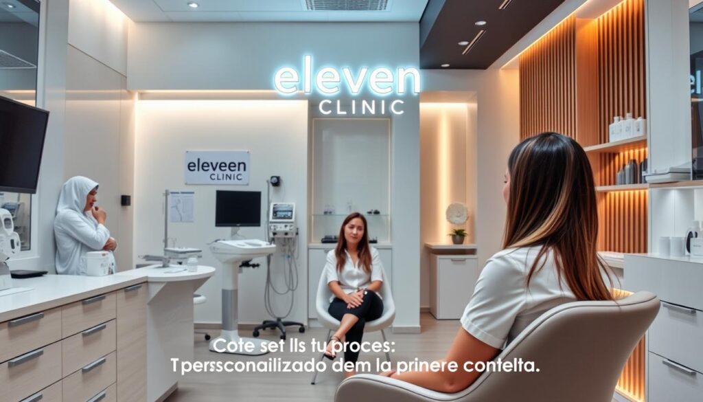 A high-end, modern medical aesthetics clinic with the Eleven Clinic logo prominently displayed. In the foreground, a woman sits comfortably in a consultation room, engaged with a medical professional. The middle ground features various medical instruments and equipment, conveying a sense of professionalism and expertise. The background showcases sleek, minimalist decor with warm lighting, creating a calming and relaxing atmosphere. The overall scene demonstrates a personalized, tailored experience for the patient, reflecting the section title "Tu proceso personalizado desde la primera consulta".