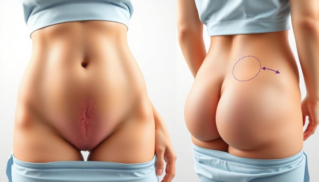 A high-quality, detailed illustration of a 360-degree abdominoplasty procedure, as performed at the Eleven Clinic. The image should depict the surgical area from multiple angles, showcasing the comprehensive nature of the procedure. Visible elements may include the patient's abdomen, incision lines, and any relevant anatomical details. The lighting should be soft and flattering, with a clean, professional aesthetic. The composition should be well-balanced, drawing the viewer's attention to the key aspects of the surgery. The overall mood should be informative and educational, reflecting the technical nature of the subject matter.