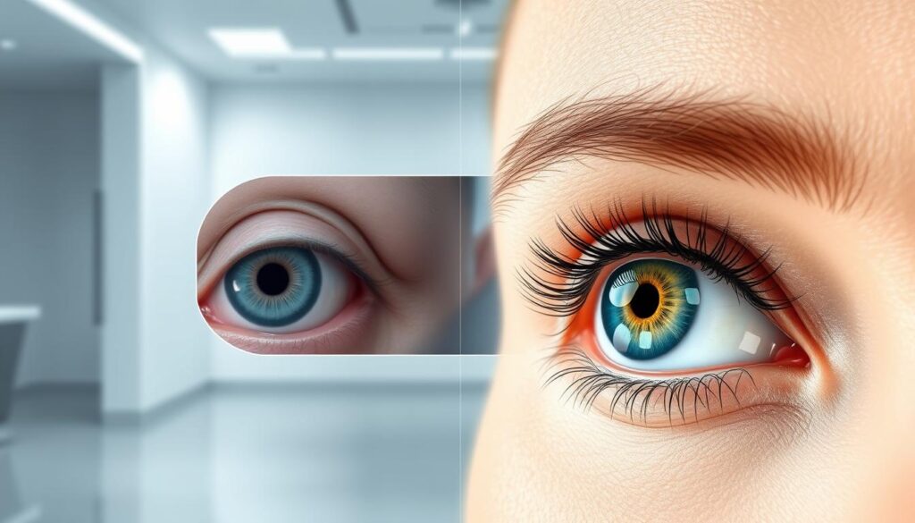 A high-resolution digital illustration showcasing the key differences between upper and lower eyelid surgery (blepharoplasty). In the foreground, a detailed close-up view of the eyelid area, meticulously captured with a sharp, macro lens. The middle ground depicts a side-by-side comparison, highlighting the distinct surgical techniques and outcomes for the upper and lower procedures. The background features a clean, minimalist environment with subtle lighting, allowing the subject to take center stage. The overall mood is clinical yet aesthetically pleasing, reflecting the expertise of Eleven Clinic in performing these delicate cosmetic surgeries.