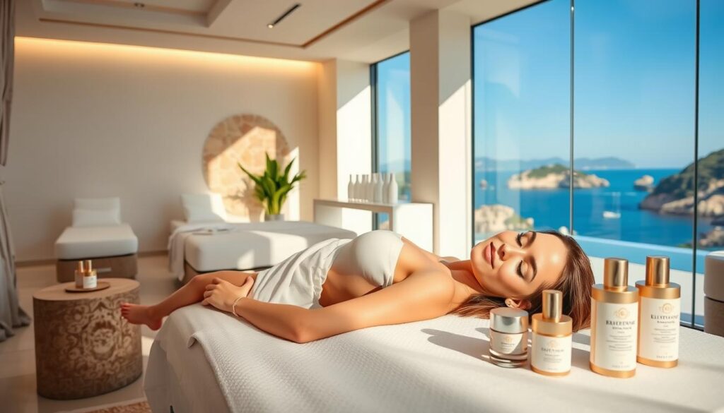 A luxurious beauty treatment spa nestled in the heart of Mallorca, showcasing the Eleven Clinic's advanced hyaluronic acid treatments. The serene, sun-dappled interior features plush treatment rooms with natural stone accents and soft lighting, creating an atmosphere of tranquility and indulgence. In the foreground, a model reclines on a treatment table, her skin glowing with the benefits of the clinic's rejuvenating procedures. The middle ground displays an array of elegant bottles and jars, hinting at the high-quality products and personalized care offered. The background reveals picturesque views of the Balearic coastline, connecting the luxurious experience to Mallorca's natural beauty. This image captures the essence of the Eleven Clinic's premium beauty treatments, inviting viewers to embark on a transformative journey towards enhanced aesthetic and well-being.