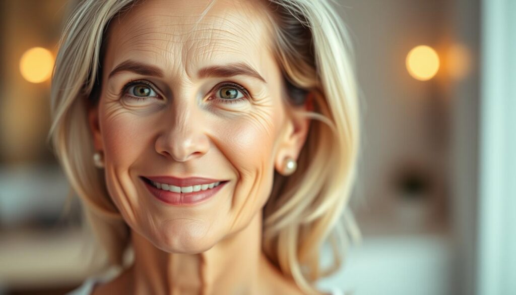 A middle-aged woman with radiant, youthful skin is the focal point of the image. Her face is glowing with a healthy, rejuvenated complexion, showcasing the results of a facial treatment from the Eleven Clinic. The lighting is soft and diffused, creating a warm, serene atmosphere. The woman's expression is calm and content, conveying a sense of renewed confidence and well-being. The background is blurred, allowing the viewer to focus on the subject's transformed facial features. The overall composition and attention to detail in this image effectively illustrate the "Resultados que Puedes Esperar" section of the "Lifting sin Cirugía en Mallorca: Renueva tu Rostro" article.