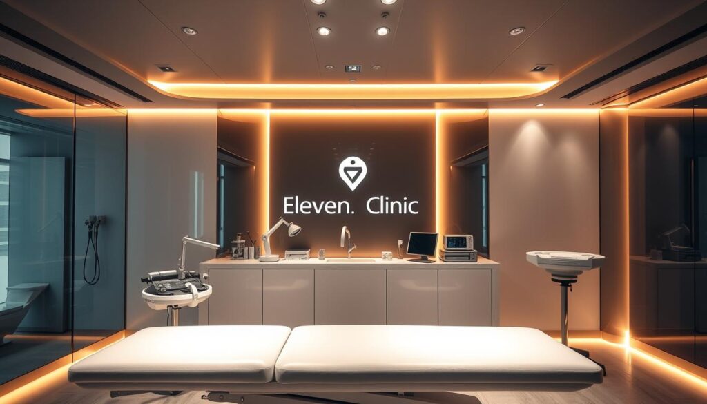 A modern, high-end medical clinic with the brand name "Eleven Clinic" prominently displayed in a sleek, minimalist font. The interior is bathed in warm, soft lighting, creating a calming, professional atmosphere. In the foreground, a pristine medical examination table is the central focus, symbolizing the care and attention given to each patient's transformation. Surrounding the table, various medical instruments and equipment suggest the advanced, specialized nature of the clinic's lipoescultura and lipotransferencia procedures. The overall mood evokes a sense of trust, comfort, and precision, reflecting the clinic's commitment to delivering natural, high-quality results.