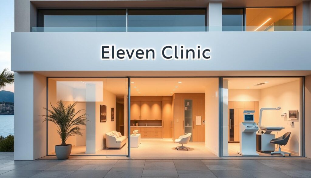 A modern, upscale medical clinic set against the picturesque backdrop of Mallorca's coastline. The facade features clean lines, floor-to-ceiling windows, and the discreet signage of "Eleven Clinic" welcoming visitors. Inside, the reception area is bathed in warm, natural light, with minimalist furnishings and soothing earth-toned decor. In the examination rooms, state-of-the-art medical equipment stands ready to provide the latest Brazilian Butt Lift procedures to clients seeking to enhance their figures. Throughout the clinic, an atmosphere of professionalism, comfort, and discretion prevails.