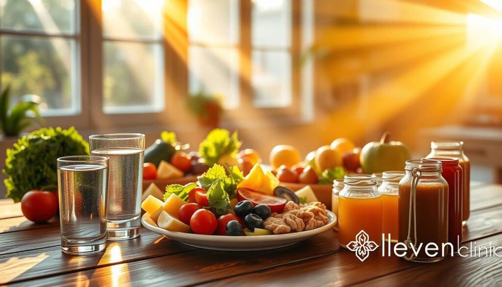 A nutritious meal of fresh vegetables, fruits, lean proteins, and whole grains on a wooden table. Rays of warm, golden light filter through large windows, casting a soft glow on the scene. In the foreground, a glass of water and electrolyte-rich beverages sit alongside the plate, emphasizing the importance of proper hydration during post-operative recovery. The Eleven Clinic logo is discreetly displayed in the corner, a testament to the clinic's holistic approach to patient care. This serene, nourishing setting encapsulates the "Alimentación y hidratación durante la recuperación" section of the article on post-abdominoplasty recovery.
