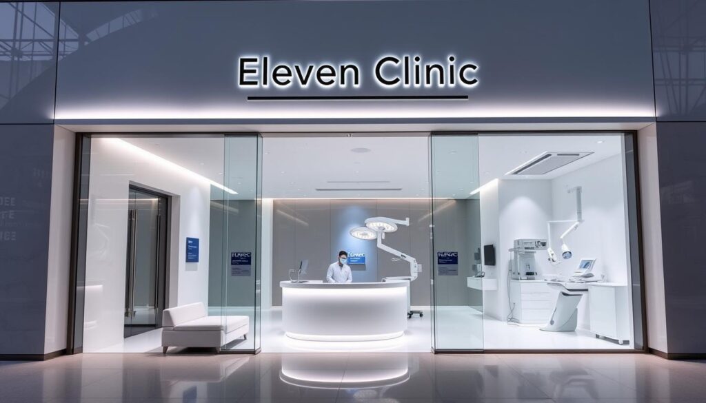 A pristine, modern medical clinic named Eleven Clinic, specializing in advanced Brazilian Butt Lift procedures. The facade features clean lines, sleek glass, and a minimalist aesthetic, conveying a sense of professionalism and medical expertise. Inside, the reception area is bright and welcoming, with plush seating and discreet signage guiding patients. The surgical suites are state-of-the-art, equipped with the latest medical technology and staffed by highly skilled, attentive clinicians. The atmosphere exudes confidence, safety, and a commitment to personalized, specialized care. Soft, indirect lighting casts a soothing glow, while large windows allow natural light to fill the spaces. The overall impression is one of a premium, discreet, and clinically superior facility dedicated to delivering exceptional BBL results.