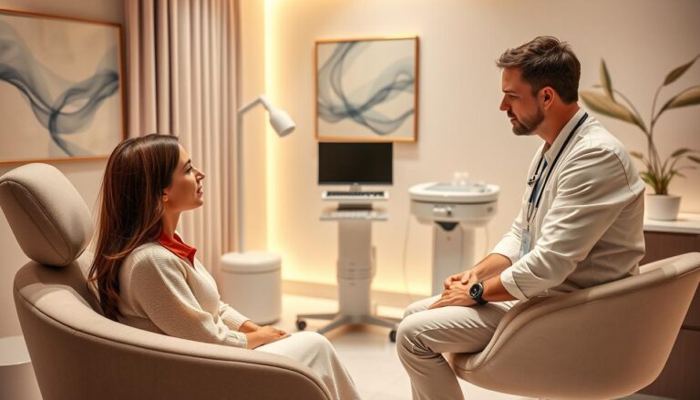 A private consultation at the Eleven Clinic, a luxurious medical facility in Mallorca. The patient sits comfortably in a well-appointed, softly lit examination room, discussing their aesthetic goals with a compassionate and experienced surgeon. Warm lighting highlights the modern, minimalist decor, creating a serene atmosphere of trust and professionalism. The surgeon leans in, listening intently, ready to guide the patient on their transformative journey. In the background, state-of-the-art medical equipment and soothing artwork convey a sense of expertise and care. This is the first step towards the patient's desired physical transformation, a personalized consultation that will chart the course for their aesthetic rejuvenation at the Eleven Clinic.