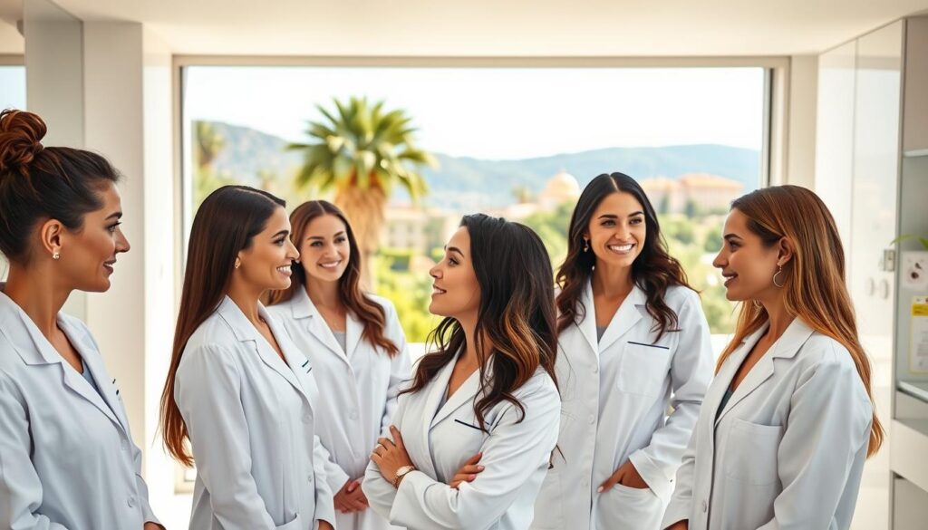 A professional skincare clinic, the Eleven Clinic, set against the lush, sun-drenched landscape of Mallorca. In the foreground, a team of highly skilled dermatologists and aesthetic specialists, dressed in crisp white lab coats, consult with clients on the latest hyaluronic acid treatments. The middle ground features a sleek, modern interior with minimalist decor, creating an atmosphere of relaxation and expertise. In the background, glimpses of the island's iconic architecture and verdant gardens, reflecting the clinic's commitment to natural, holistic wellness. Soft, directional lighting emphasizes the clinicians' focused expressions and the clients' radiant skin, conveying a sense of trust and expertise.
