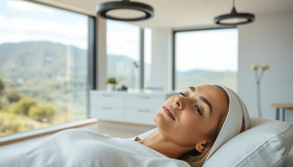 A serene and natural-looking surgical eye lift scene set in the picturesque Mallorca, Spain. In the foreground, a patient reclines comfortably, their eyelids gently lifted to reveal a rejuvenated, youthful gaze. The middle ground showcases the Eleven Clinic's modern, minimalist aesthetic, with clean lines and soothing earth tones. In the background, lush, verdant landscapes and a warm, Mediterranean light create a calming, restorative atmosphere. The scene conveys the clinic's commitment to providing safe, high-quality blepharoplasty procedures with a natural, harmonious outcome.