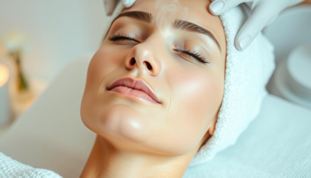 A serene and rejuvenating facial treatment scene at Eleven Clinic. The camera captures a close-up of a woman's face, her eyes closed in a state of blissful relaxation. Soft, diffused lighting bathes her skin, highlighting its luminous, healthy glow. In the background, soothing pastel colors and clean, minimalist decor create a calming, spa-like atmosphere. Wisps of steam rise from a warm towel placed gently on her face, signifying the luxurious, indulgent nature of the comprehensive facial treatment. The overall mood evokes a sense of tranquility, rejuvenation, and a renewed, radiant complexion.
