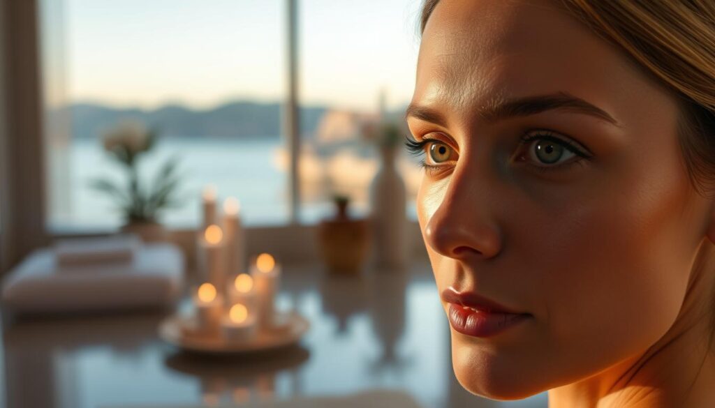 A serene and rejuvenating scene of the Eleven Clinic's eye rejuvenation treatments in Mallorca. In the foreground, a woman's face is gently illuminated, her eyes appearing vibrant and youthful. The middle ground features a tranquil spa-like setting, with soft lighting and soothing colors creating a relaxing atmosphere. In the background, the picturesque landscapes of Mallorca are visible, hinting at the island's natural beauty. The entire composition conveys a sense of relaxation, revitalization, and the promise of a renewed, rejuvenated appearance.
