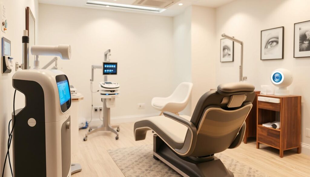 A serene and soothing treatment room at the Eleven Clinic, showcasing various specialized eye care treatments. The foreground features an array of modern, high-tech instruments and devices, such as a sleek, compact pulsed light therapy machine and a cutting-edge eye scanner. The middle ground depicts a comfortable reclining chair, inviting patients to relax and receive personalized attention. The background is a calming, minimalist space with soft lighting, soothing colors, and a sense of tranquility, evoking a spa-like atmosphere. The overall scene conveys a sense of professionalism, expertise, and a commitment to delivering exceptional eye rejuvenation services.