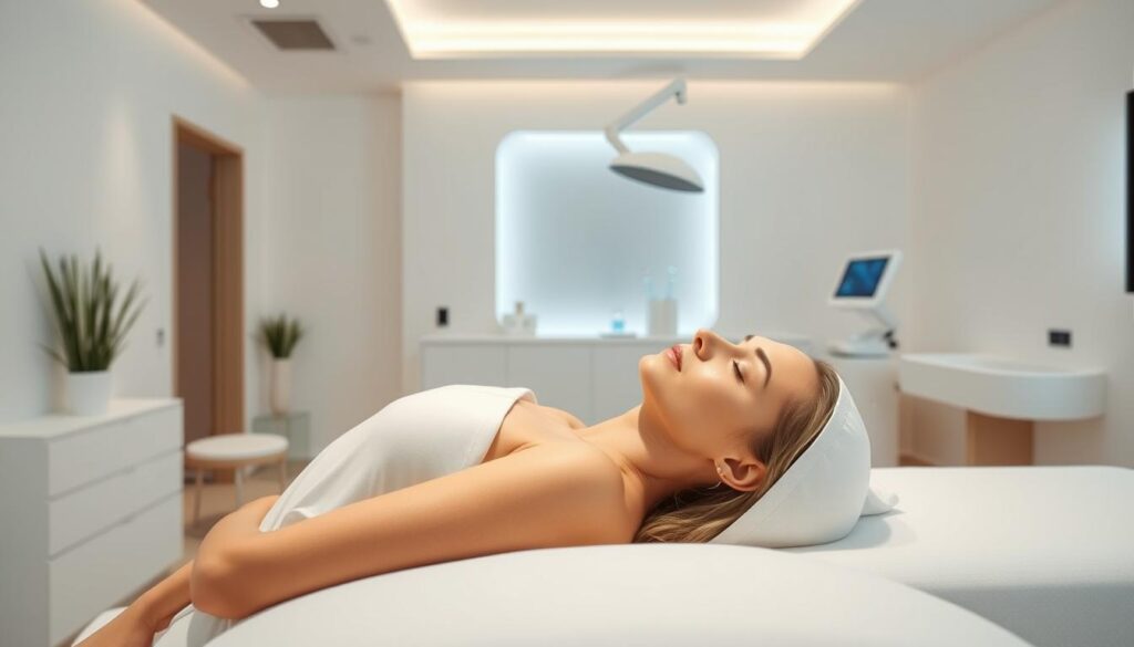 A serene and tranquil scene of the Eleven Clinic in Mallorca, specializing in advanced wrinkle treatments. The interior features a minimalist, spa-like ambiance with soft lighting, clean lines, and soothing neutral tones. In the foreground, a woman reclines on a treatment table, her face relaxed as she undergoes a cutting-edge wrinkle reduction procedure. In the background, the clinic's state-of-the-art technology and equipment are visible, hinting at the sophisticated, science-backed treatments available. The overall atmosphere evokes a sense of rejuvenation and a retreat from the stresses of everyday life, perfectly complementing the article's focus on Mallorca's premier wrinkle elimination solutions.