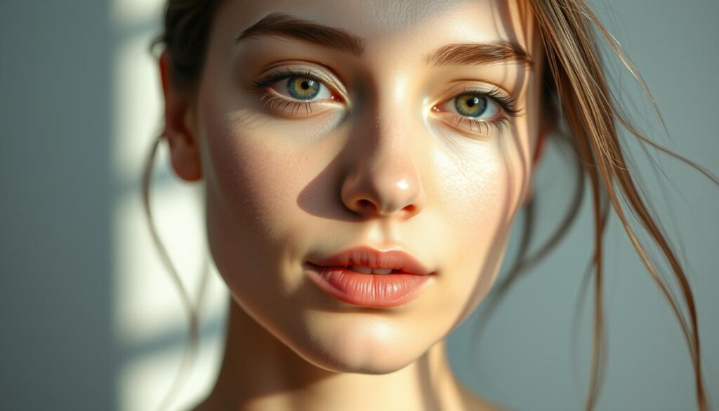 A serene, close-up portrait of a youthful, glowing face in the "Eleven Clinic" style. Soft, diffused lighting emanates from the left, casting gentle shadows and highlighting the subject's delicate features. The skin appears smooth and radiant, with a subtle, rejuvenated glow. The eyes are captivating, conveying a sense of tranquility and inner peace. The composition is centered, drawing the viewer's attention to the face's natural beauty and the transformative "Integral Facial Rejuvenation" process.