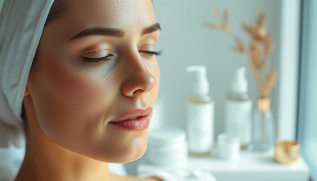 A serene, minimalist composition depicting a woman's face post-facial lifting procedure, as seen in Eleven Clinic. The subject's expression conveys a sense of tranquility and healing, with soft lighting highlighting the delicate features. The background is blurred, placing the focus on the face and the post-operative care routine, showcasing soothing skincare products and a clean, calming environment. The lighting is soft and diffused, creating a sense of intimacy and relaxation. The overall mood is one of rejuvenation and restoration, reflecting the "Recuperación y cuidados postoperatorios" section of the article "Antes y después lifting mallorca: Experiencias y resultados reales."