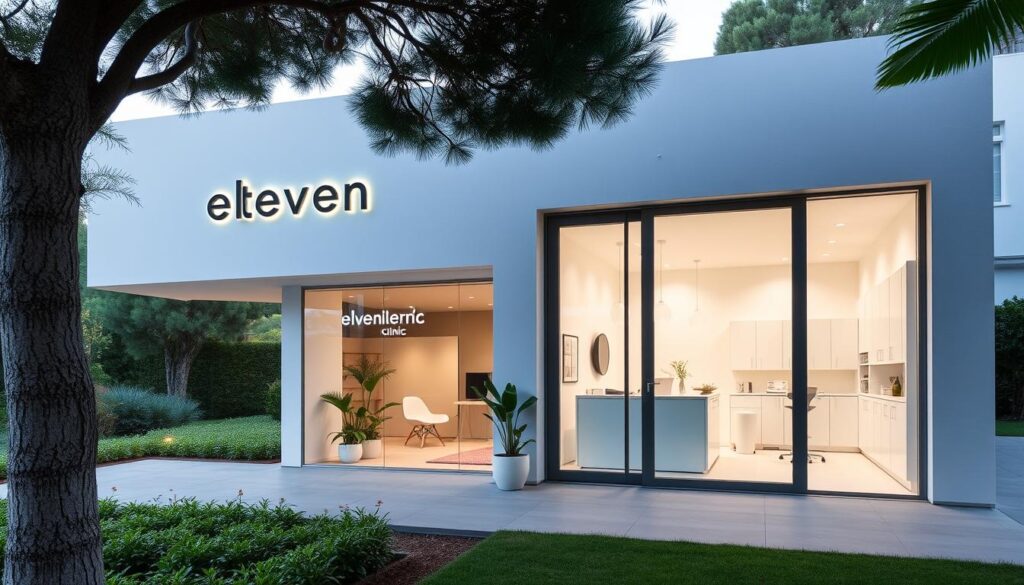 A serene, modern medical clinic nestled in the picturesque Mallorcan landscape, with floor-to-ceiling windows overlooking a lush garden. The facade is sleek and minimalist, with the Eleven Clinic logo prominently displayed. Inside, the reception area exudes a calming, spa-like ambiance, with soft lighting, natural materials, and soothing hues. In the examination rooms, state-of-the-art equipment and meticulous attention to detail reflect the clinic's commitment to excellence in aesthetic medicine. The atmosphere conveys a sense of professionalism, expertise, and a personalized approach to patient care, all set against the backdrop of Mallorca's breathtaking natural beauty.