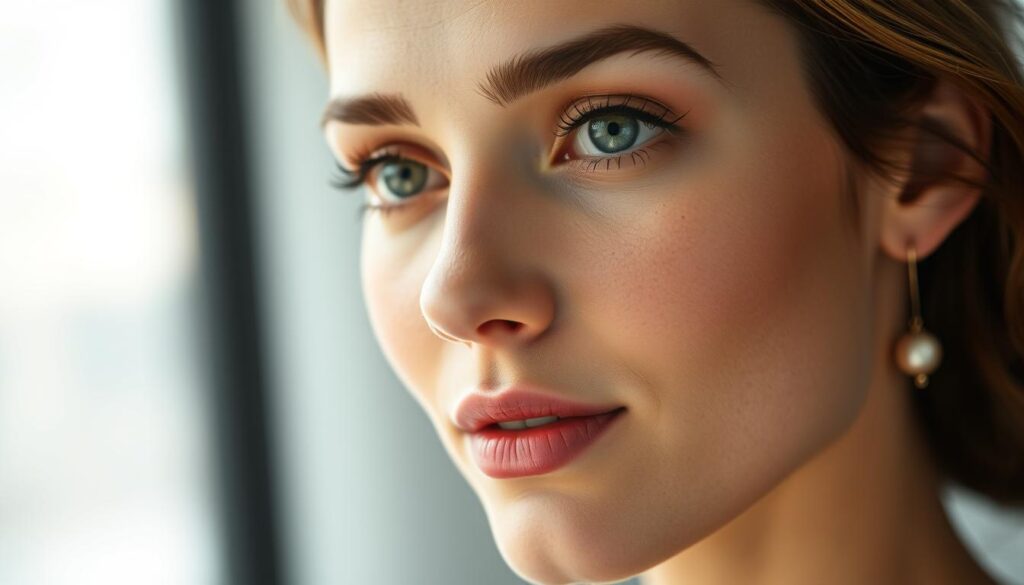 A serene, natural portrait of a woman's face, her features in perfect harmony, captured through the lens of Eleven Clinic's expert technicians. Soft, diffused lighting gently illuminates her complexion, highlighting the natural contours and symmetry of her facial structure. The scene exudes a sense of tranquility and inner radiance, inviting the viewer to appreciate the beauty of her authentic self. The background is subtly blurred, placing the focus entirely on the subject's face and the personalized facial harmonization process. An image that embodies the journey towards natural, effortless beauty, as described in the "Tu Camino hacia la Armonía Facial" section.