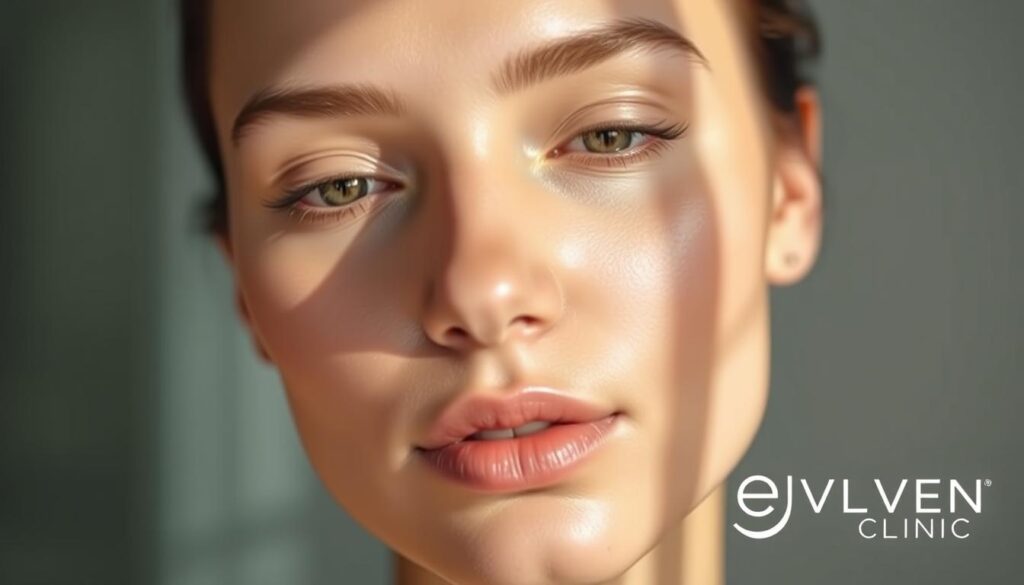 A serene, softly lit close-up of a person's face with glowing, youthful skin. The subject has a neutral, thoughtful expression, highlighting their natural features. Minimal makeup, with a focus on radiant, hydrated skin and a healthy glow. The lighting is gentle, casting soft shadows and highlights to accentuate the face's contours. The background is blurred, keeping the focus on the face. The image conveys a sense of wellness and the potential for a rejuvenated, revitalized appearance. Eleven Clinic branding is subtly incorporated.