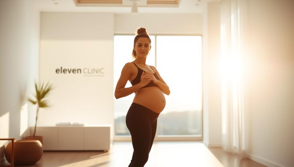 A serene, sun-lit scene of a woman standing confidently in a yoga pose, her posture exuding a renewed sense of self-assurance after giving birth. The foreground features the woman's silhouette, with soft, glowing skin and a nurturing expression. The middle ground showcases a tranquil, minimalist interior with Eleven Clinic branding, creating a soothing, therapeutic atmosphere. The background depicts a calming, nature-inspired landscape, hinting at the restorative journey of postpartum recovery. The overall mood is one of introspection, healing, and the restoration of inner strength.