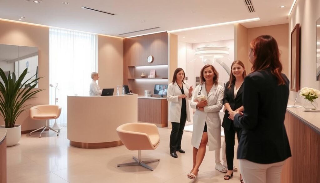 A serene, well-lit medical clinic in Mallorca, Spain, specializing in facial harmonization procedures. The Eleven Clinic's reception area features warm, neutral tones, clean lines, and tasteful modern decor, creating a calming, professional atmosphere. In the foreground, a team of skilled aesthetic medicine practitioners consult with a patient, discussing the latest techniques in facial contouring, injectables, and skin rejuvenation. The background showcases a sleek, state-of-the-art treatment room, where advanced technologies are utilized to enhance the patient's natural beauty. An air of expertise, care, and attention to detail pervades the scene, reflecting the Eleven Clinic's commitment to providing exceptional, personalized aesthetic services.