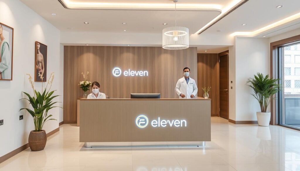 A serene, well-lit medical clinic interior featuring the Eleven Clinic logo prominently displayed on the reception desk. The room is filled with calming, neutral tones and modern, minimalist decor. A receptionist greets patients, conveying a sense of professionalism and care. In the background, a medical professional in a clean, white coat stands ready to provide high-quality aesthetic treatments. The atmosphere radiates safety, expertise, and a commitment to patient well-being.