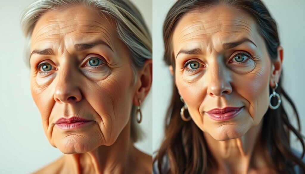 A stunning before and after portrait showcasing the transformative results of a Mallorca facial lifting procedure at Eleven Clinic. In the first frame, a mature face with visible signs of aging, skin laxity, and wrinkles. In the second, a refreshed, rejuvenated visage with a smoother, more youthful appearance, enhanced contours, and a radiant glow. Soft, natural lighting accentuates the delicate facial features, while a shallow depth of field draws the viewer's attention to the captivating change. This impactful visual depicts the real-world outcomes of the Eleven Clinic's expertise in delivering exceptional facial rejuvenation in Mallorca.