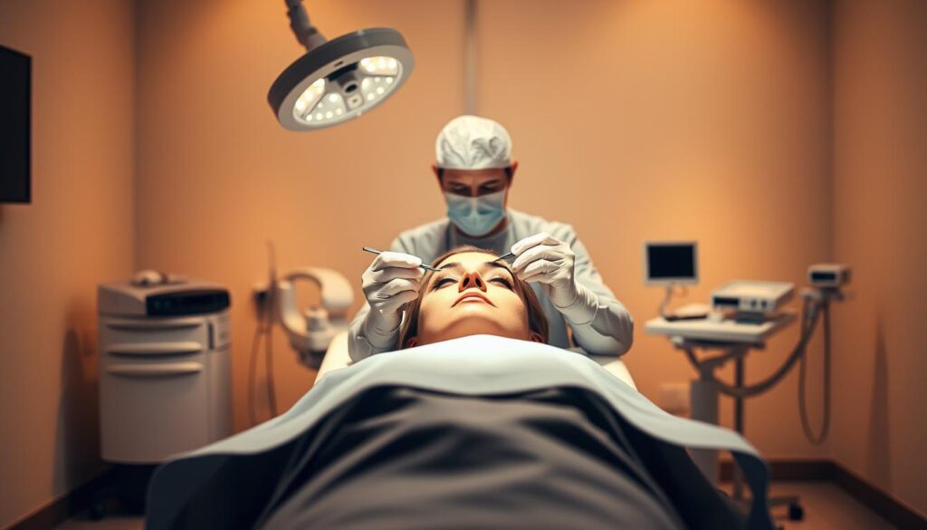 A surgical suite in Mallorca, Spain, illuminated by warm, diffused lighting. In the center, a patient reclines on an examination table, their eyes gently closed as a skilled surgeon from the Eleven Clinic carefully performs a blepharoplasty procedure. The scene exudes a sense of calm professionalism, with the surgeon's hands delicately maneuvering surgical tools. The background features medical equipment and a clean, sterile environment, conveying a sense of safety and expertise. The overall atmosphere is one of trust, precision, and a commitment to natural-looking, safe results.