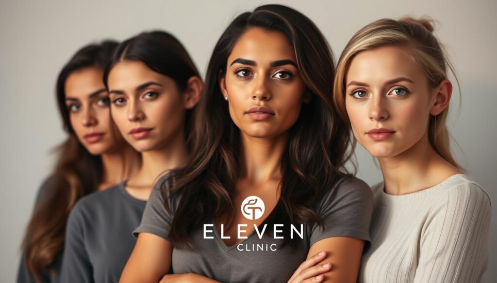 A thoughtful, introspective portrait of potential otoplasty candidates. A group of individuals with varying degrees of ear prominence stand confidently against a softly blurred background, their expressions pensive yet open. Warm, natural lighting accentuates the contours of their faces, hinting at the personality and character within. The Eleven Clinic logo subtly graces the scene, a symbol of the expertise and care that can transform these unique features. An image that invites the viewer to consider their own relationship with their ears, and the transformative possibilities of otoplasty.