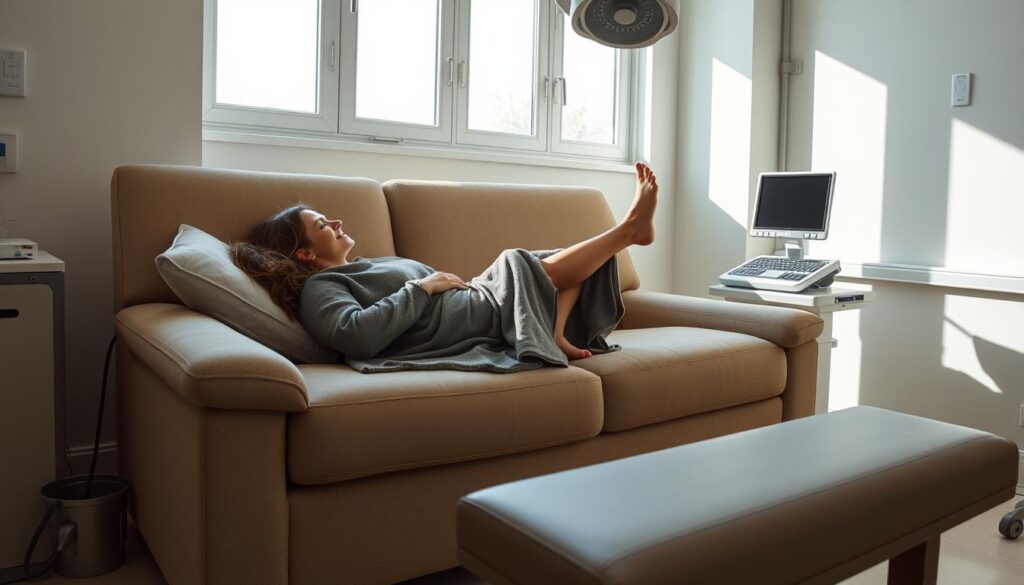 A tranquil post-operative recovery room at the Eleven Clinic, featuring a woman resting comfortably on a plush, supportive couch. Soft natural lighting filters in through large windows, creating a serene, calming atmosphere. The woman's legs are elevated, and she is wrapped in a cozy blanket, with medical equipment discreetly nearby. The room is clean, bright, and meticulously organized, conveying a sense of care and attentiveness to the patient's wellbeing. The overall mood is one of relaxation and healing, reflecting the dedicated post-operative care provided by the skilled professionals at the Eleven Clinic.